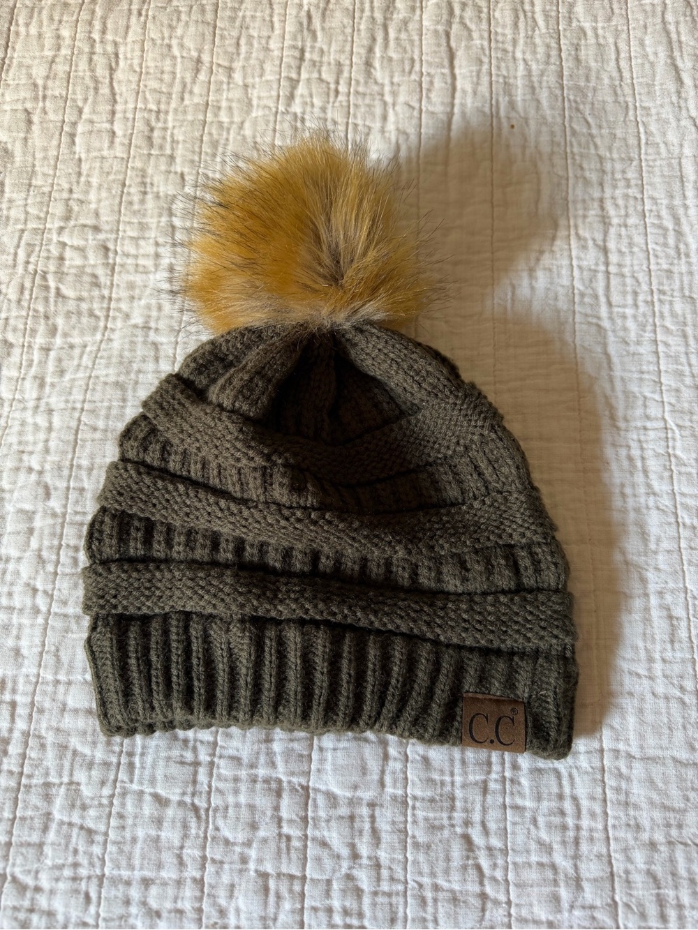 C.C Olive Knit Beanie with Mustard Pom